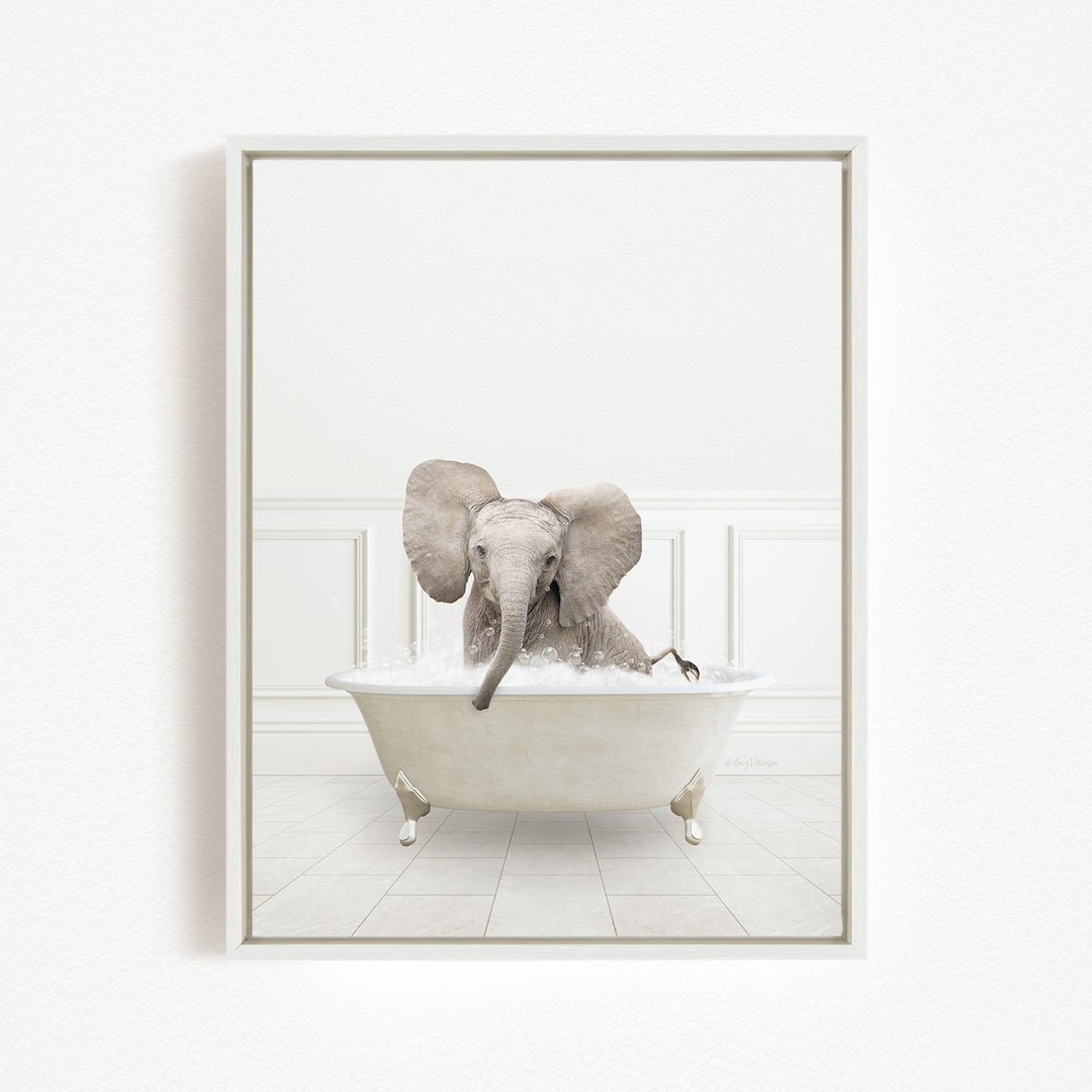 A baby elephant sitting in a bathtub filled with water, surrounded by a white background.