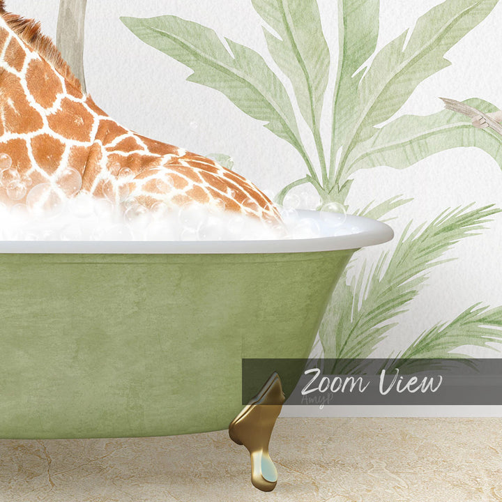 A giraffe is sitting in a green bathtub filled with water, surrounded by a tropical plant motif.