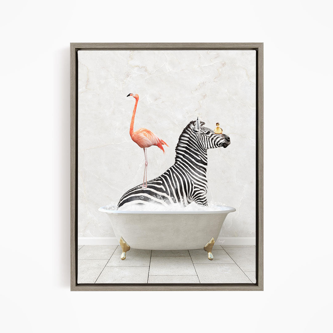 A zebra is sitting in a bathtub, with a flamingo standing on its back and a bird perched on its head.