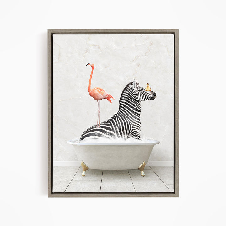 A zebra is sitting in a bathtub, with a flamingo standing on its back and a bird perched on its head.