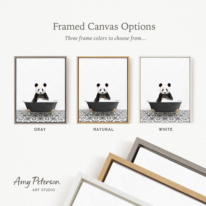 three framed canvas options, each featuring a panda bear sitting in a bathtub. The options include a gray frame, a natural frame, and a white frame.