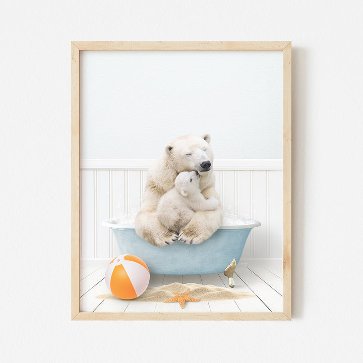 a polar bear sitting in a bathtub with two cubs