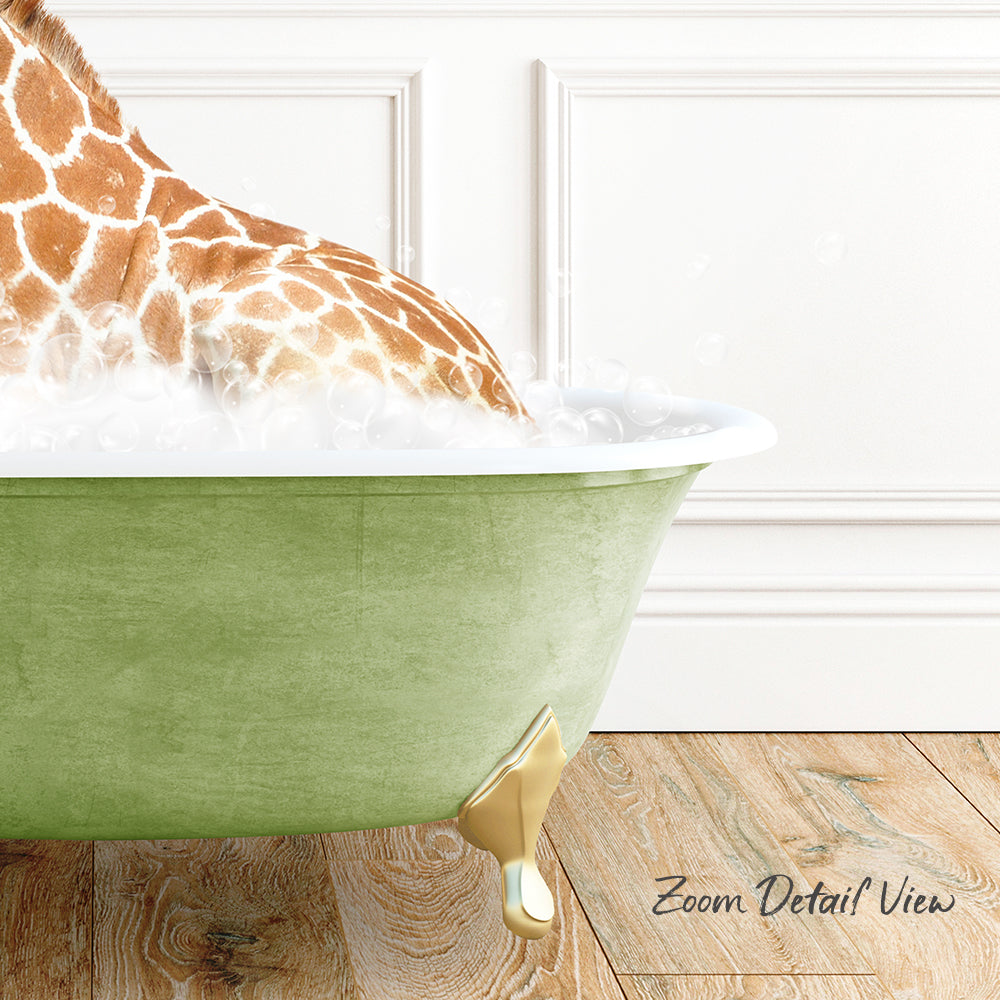 A giraffe is taking a bath in a green bathtub, with its head submerged in the water.