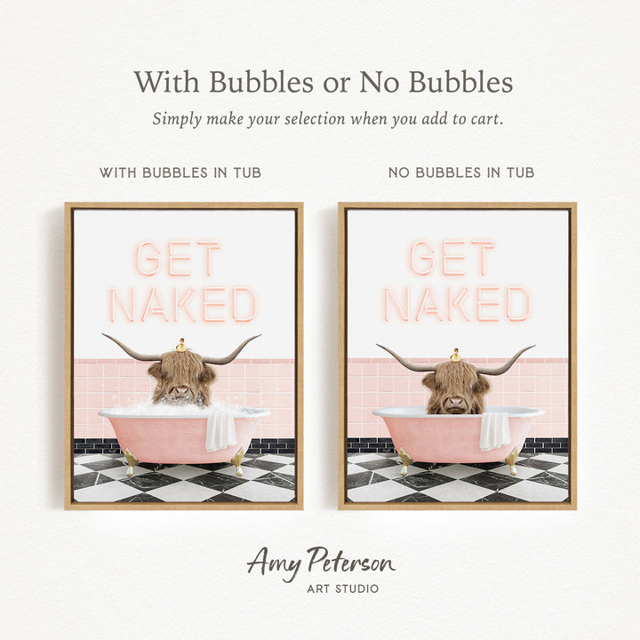 The image is a framed print featuring a cartoon image of a horned animal, possibly a yak or a bull, sitting in a pink bathtub. The text on the print reads "GET NAKED" and is accompanied by a humorous caption. The image is framed with a gold border and is displayed in a gallery setting.