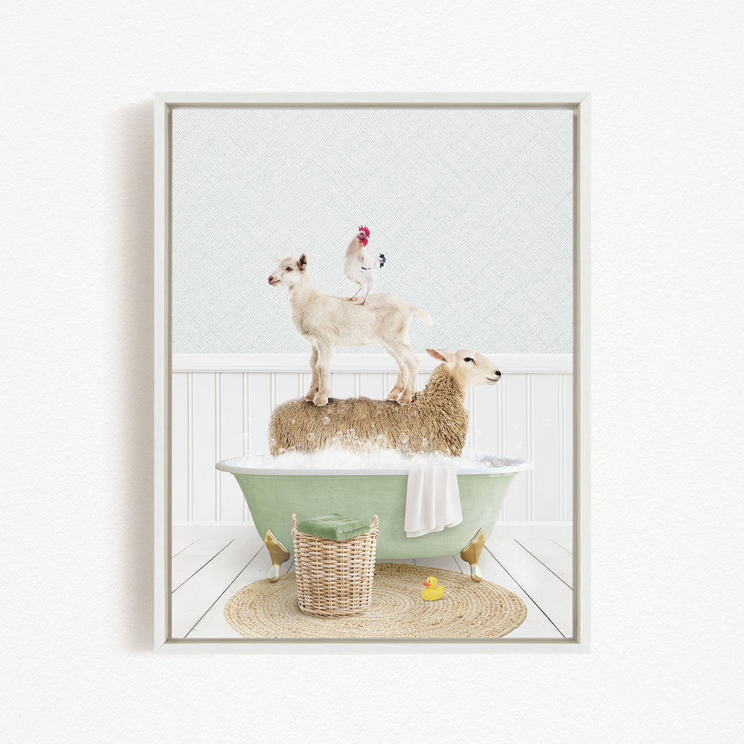 A white goat stands on a sheep in a green bathtub, with a chicken perched on top, in a whimsical scene.