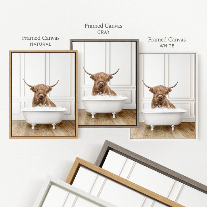 a brown cow with horns sitting in a white bathtub, with three different framed versions of the image displayed on a wall.