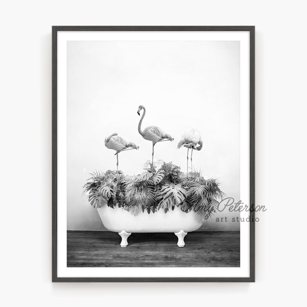 a black and white photo of three flamingos in a bathtub