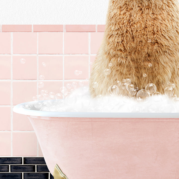 a brown bear sitting in a bathtub filled with bubbles