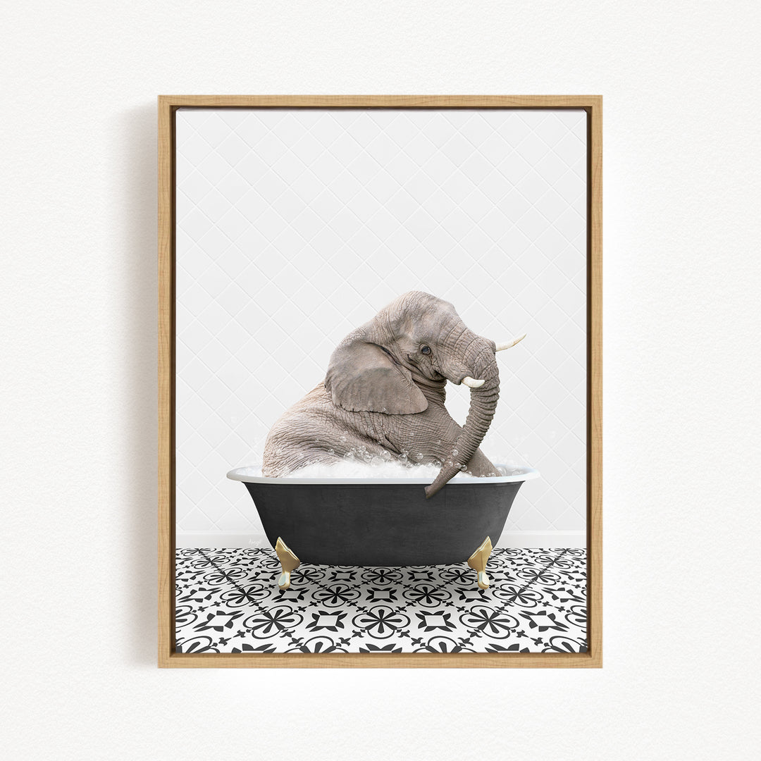 A gray elephant sitting in a black bathtub filled with water, surrounded by a black and white patterned floor.