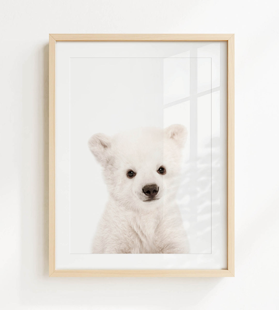 A cute white polar bear cub is the focus of the framed photograph, which is hung on a white wall.