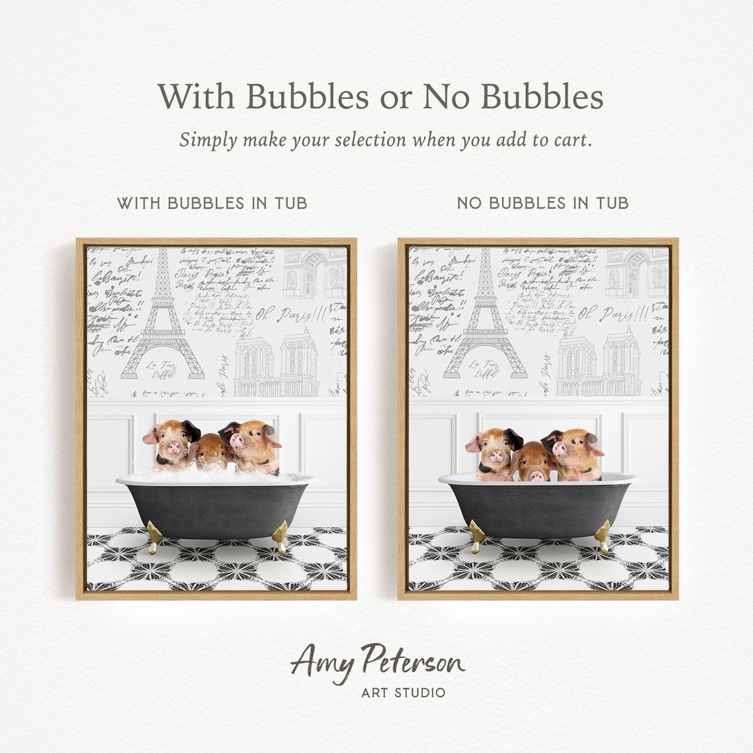 The image is a collage of two framed pictures, each featuring a group of small animals, likely pigs, sitting in a bathtub. The text above the images reads "With Bubbles or No Bubbles Simply make your selection when you add to cart." The text below the images says "WITH BUBBLES IN TUB" and "NO BUBBLES IN TUB," indicating the presence or absence of bubbles in the bathtub.