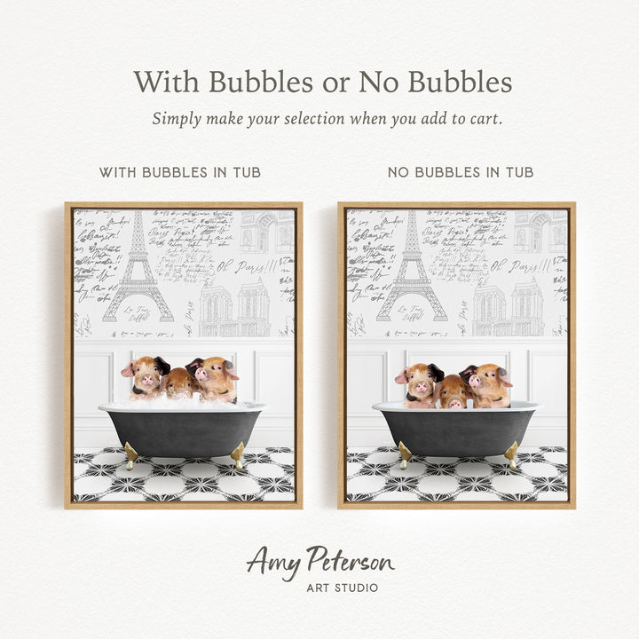 The image is a collage of two framed pictures, each featuring a group of small animals, likely pigs, sitting in a bathtub. The text above the images reads "With Bubbles or No Bubbles Simply make your selection when you add to cart." The text below the images says "WITH BUBBLES IN TUB" and "NO BUBBLES IN TUB," indicating the presence or absence of bubbles in the bathtub.