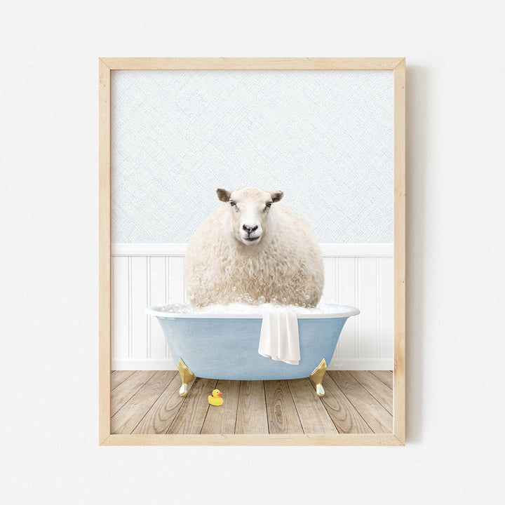 a sheep sitting in a bathtub with a towel on it