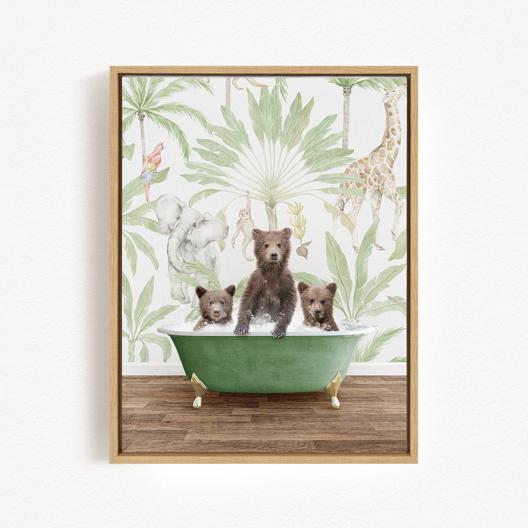 A framed print depicting three bears sitting in a green bathtub, surrounded by a tropical jungle scene with various animals and plants.