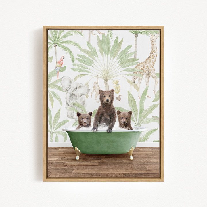 A framed print depicting three bears sitting in a green bathtub, surrounded by a tropical jungle scene with various animals and plants.