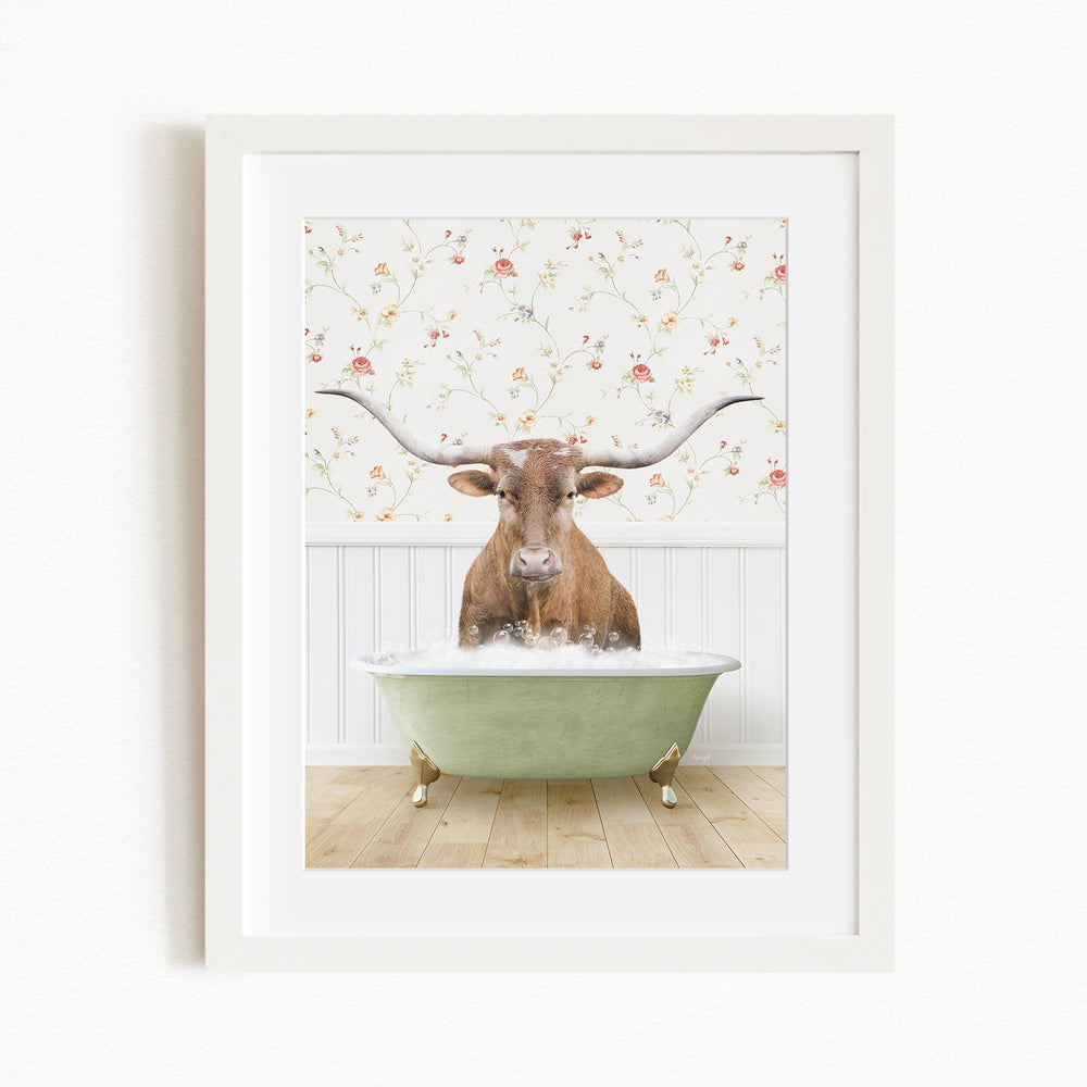 A brown cow with large horns is sitting in a green bathtub filled with water, creating a whimsical and humorous scene.