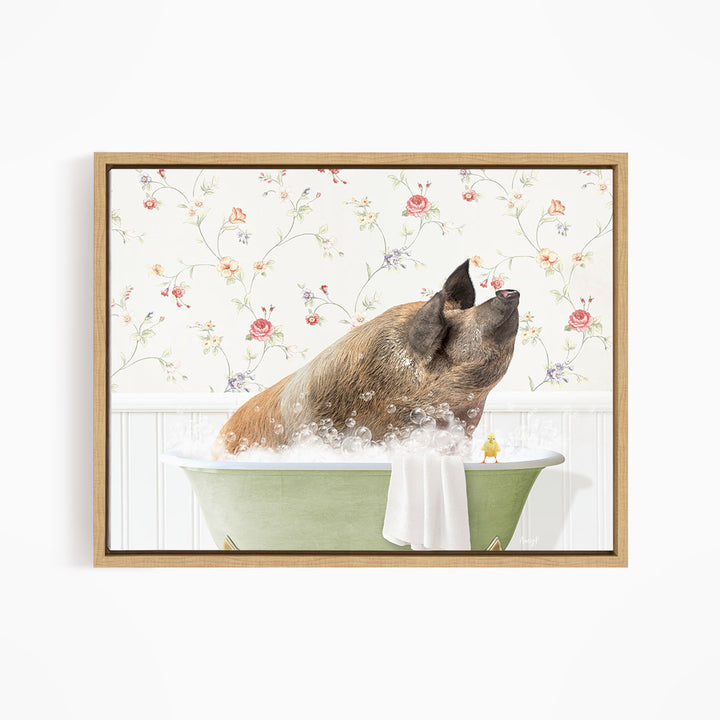 A pig sitting in a green bathtub, surrounded by a floral patterned wall, with bubbles and a yellow bird nearby.