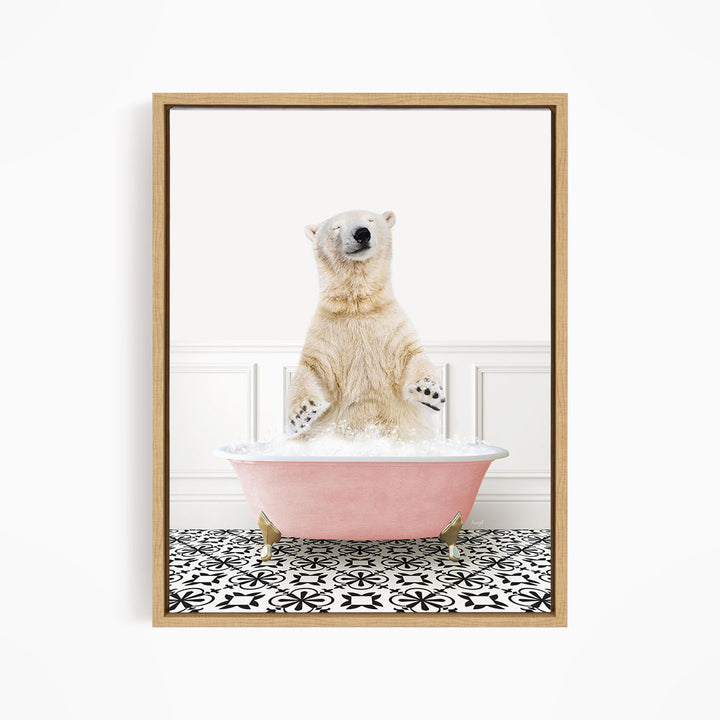 A polar bear standing in a pink bathtub filled with water, surrounded by a black and white patterned floor.