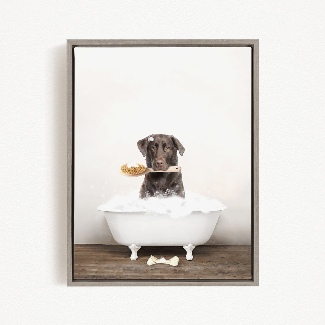 A brown dog sitting in a white bathtub, holding a yellow object in its mouth, with a white towel on the floor.