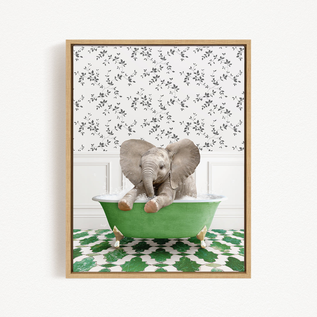 A baby elephant sitting in a green bathtub, surrounded by a patterned wall and green and white tiles on the floor.