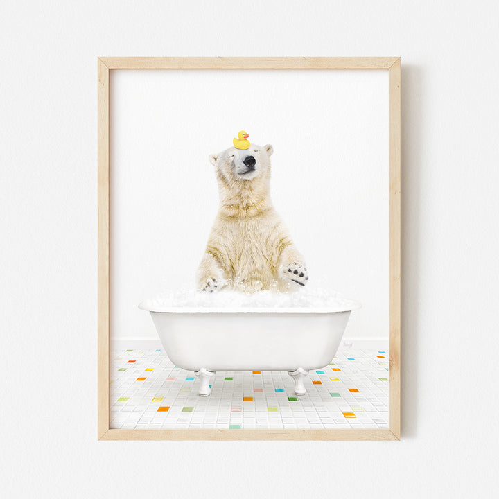 a polar bear sitting in a bathtub with a crown on its head