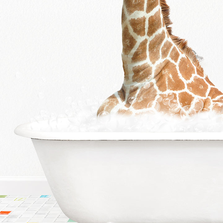 a giraffe sticking its head out of a bathtub