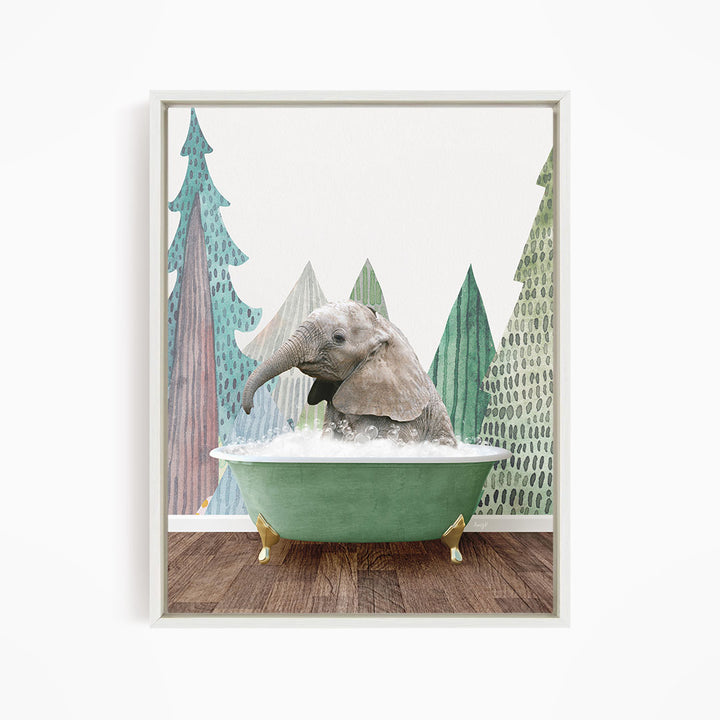 A baby elephant sitting in a green bathtub, surrounded by a forest-themed background with trees and a snowy landscape.