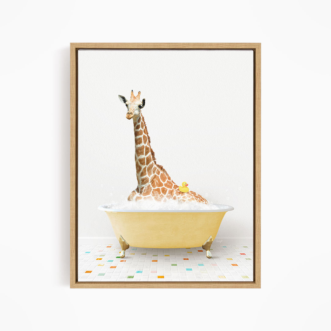 A giraffe is sitting in a yellow bathtub filled with bubbles, surrounded by a colorful tiled floor.