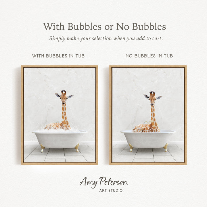 The image is a framed print featuring a giraffe sitting in a bathtub, with the text "With Bubbles or No Bubbles" and "With Bubbles in Tub" indicating that the selection of the bathtub is either with or without bubbles.