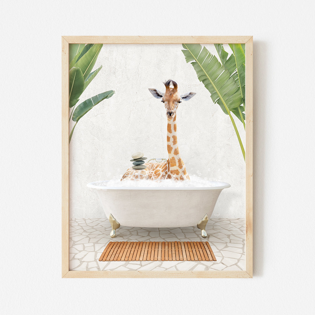 a picture of a giraffe sitting in a bathtub