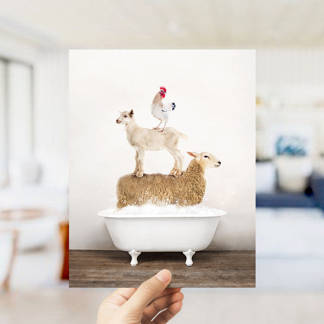 A hand holds up a framed image depicting a goat standing on a sheep's back in a bathtub, with a rooster perched on top of the sheep.