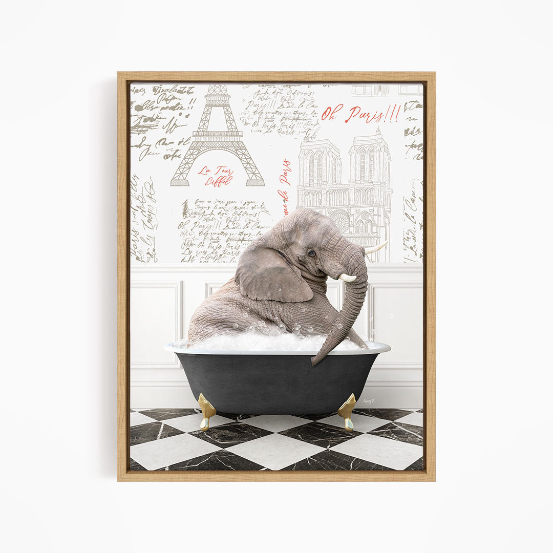A gray elephant is sitting in a bathtub filled with water, surrounded by a black and white checkered floor and a wall with the Eiffel Tower and other architectural drawings.