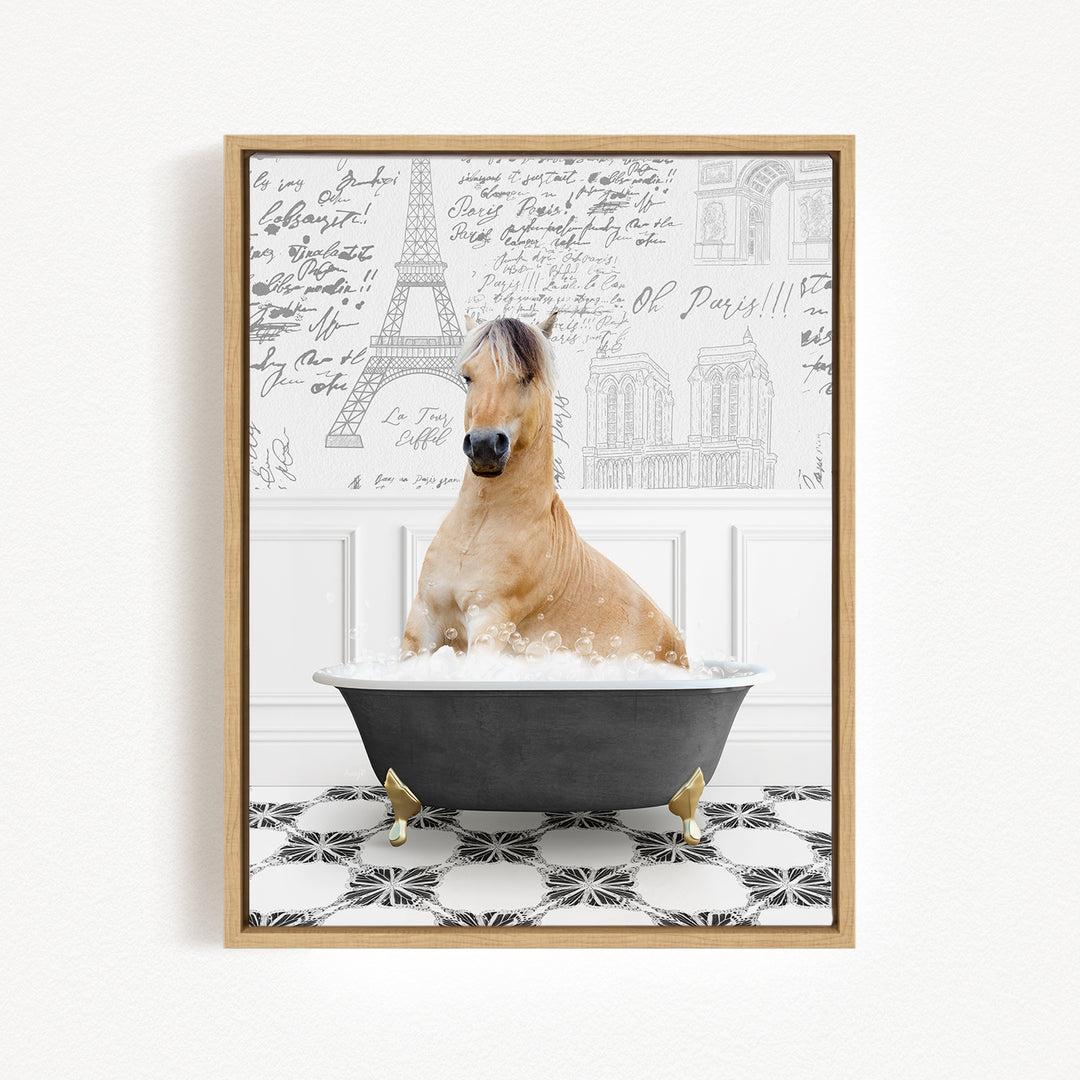 A horse sitting in a bathtub filled with bubbles, surrounded by a Paris-themed background with the Eiffel Tower and other landmarks.