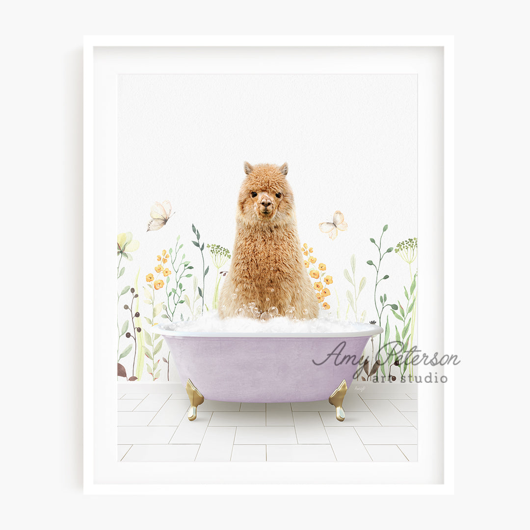 a dog sitting in a bathtub with flowers on the wall behind it