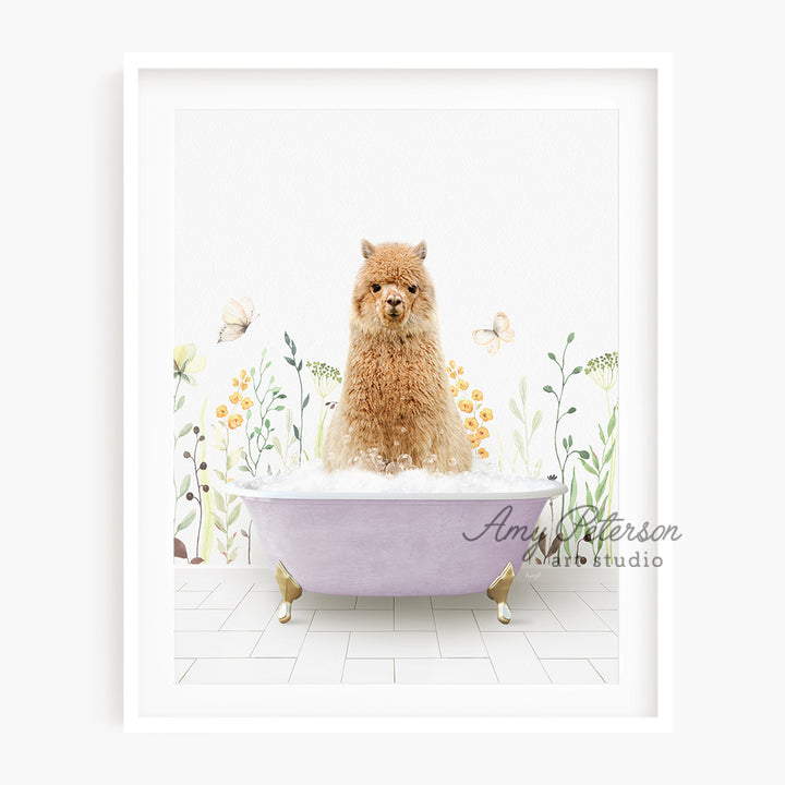 a dog sitting in a bathtub with flowers on the wall behind it