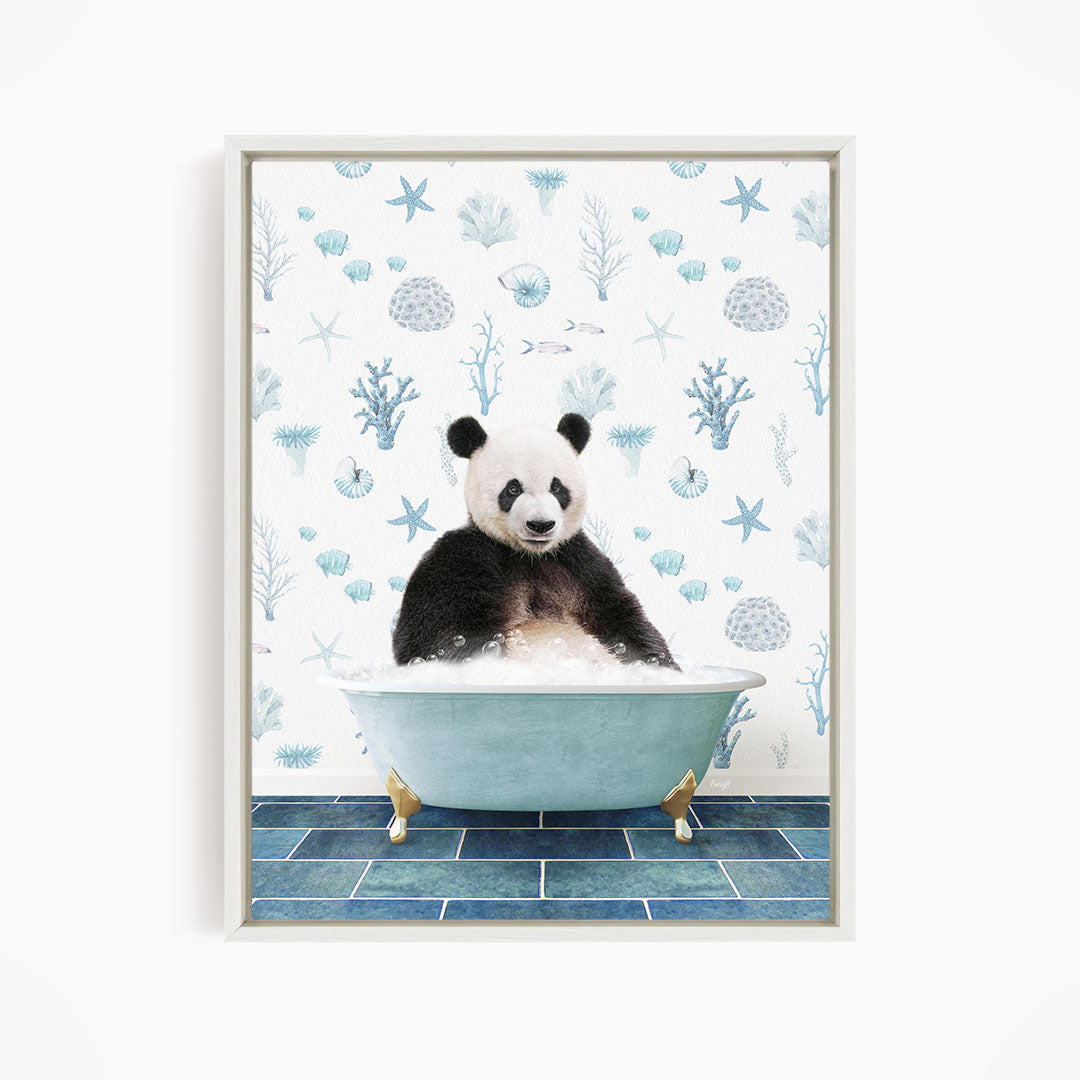 A panda bear sitting in a blue bathtub filled with bubbles, surrounded by a pattern of seashells, starfish, and other marine life.