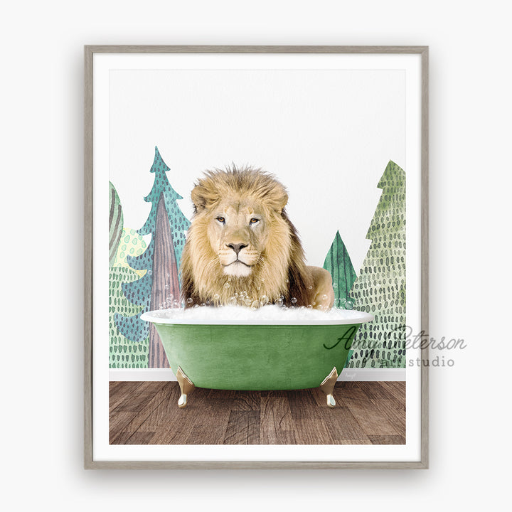 a picture of a lion sitting in a bathtub