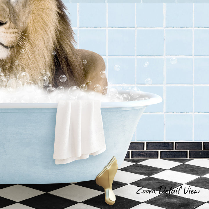 A lion is sitting in a bathtub filled with bubbles, with a towel and a gold shoe placed nearby.