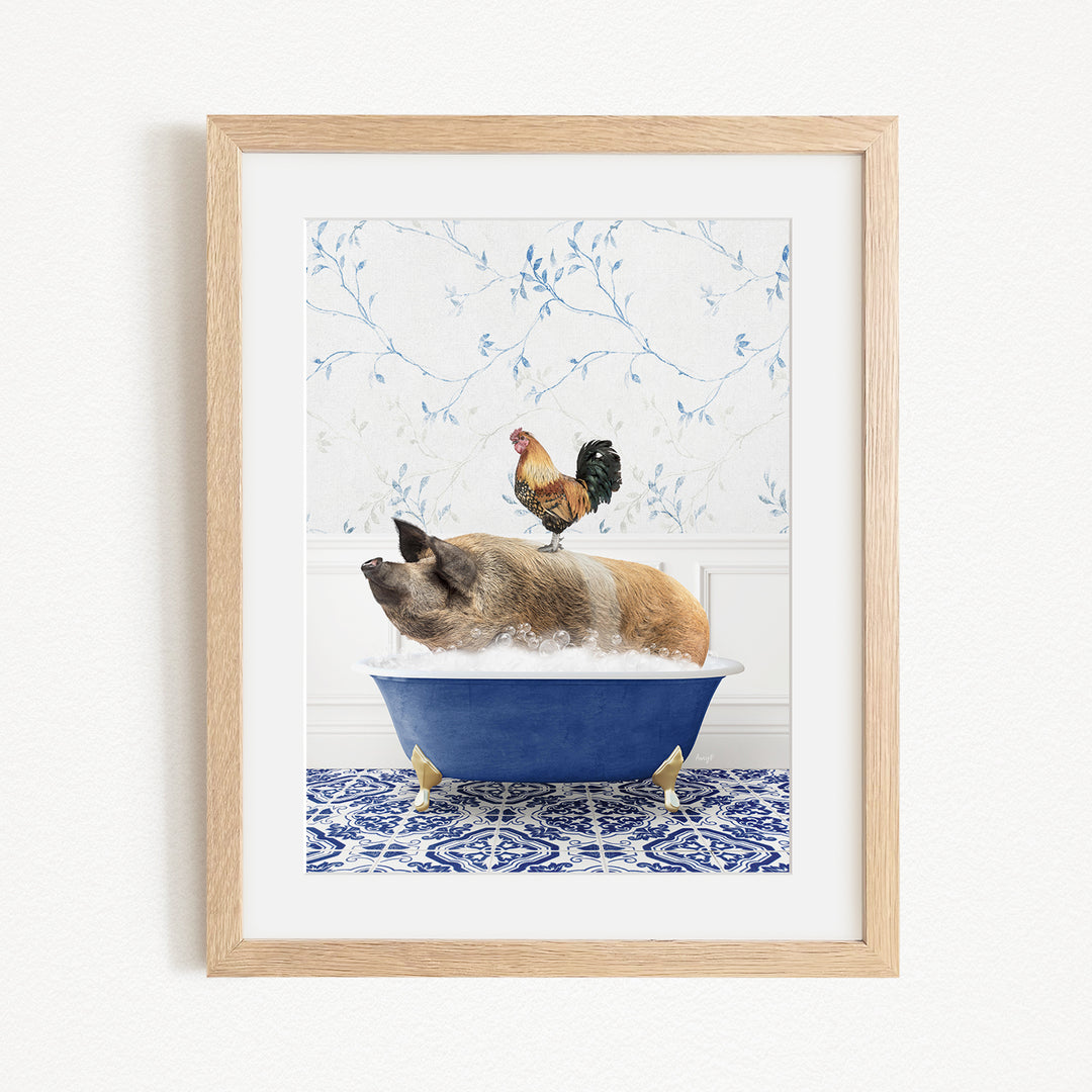 A pig sitting in a blue bathtub, with a rooster perched on its back, against a backdrop of blue floral wallpaper.