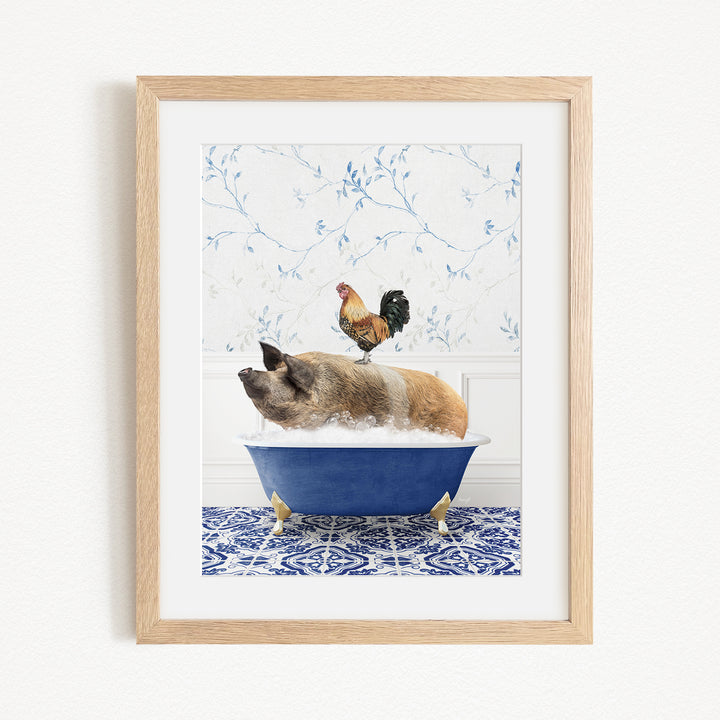 A pig sitting in a blue bathtub, with a rooster perched on its back, against a backdrop of blue floral wallpaper.
