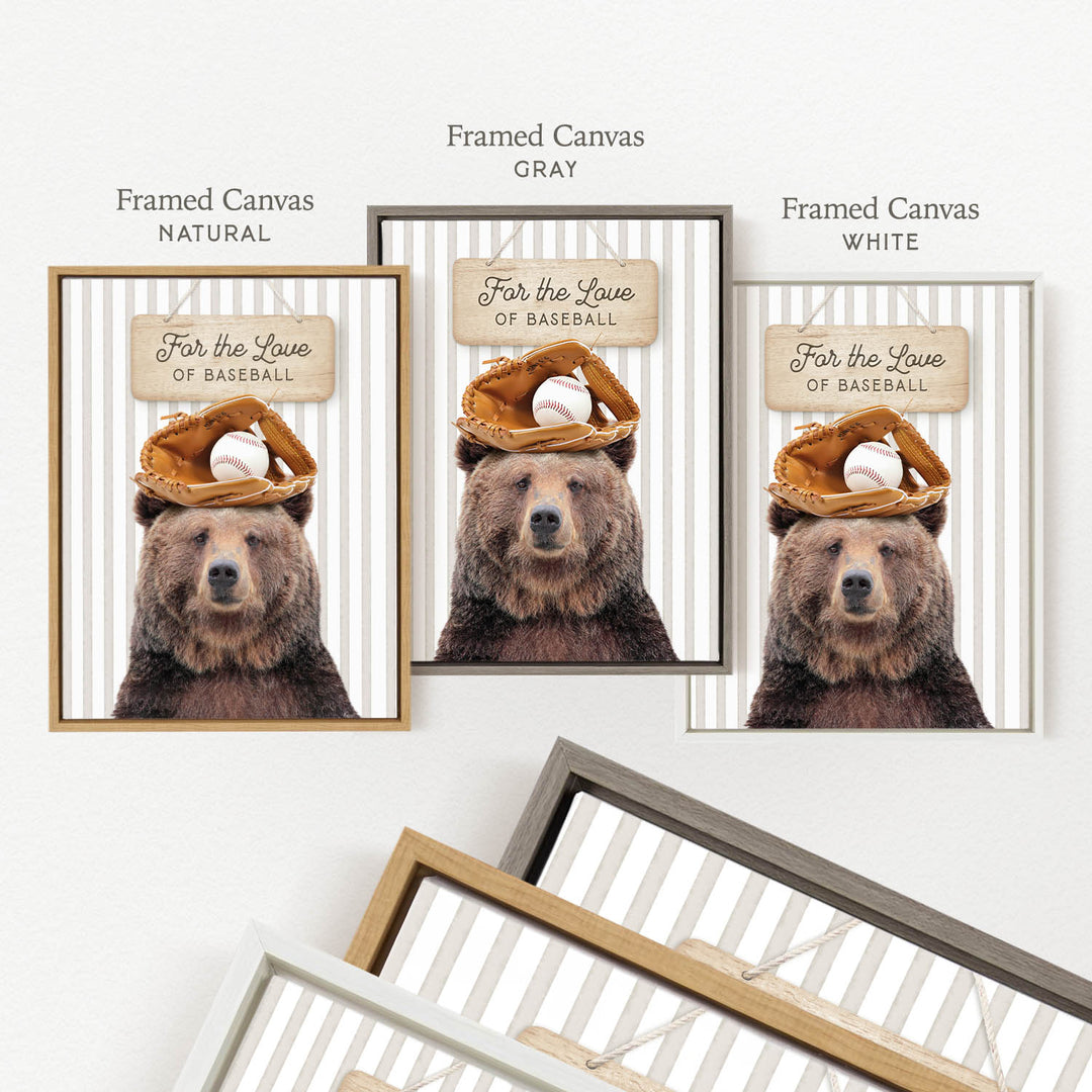 a framed canvas with a brown bear wearing a baseball hat and holding a baseball in its paw.