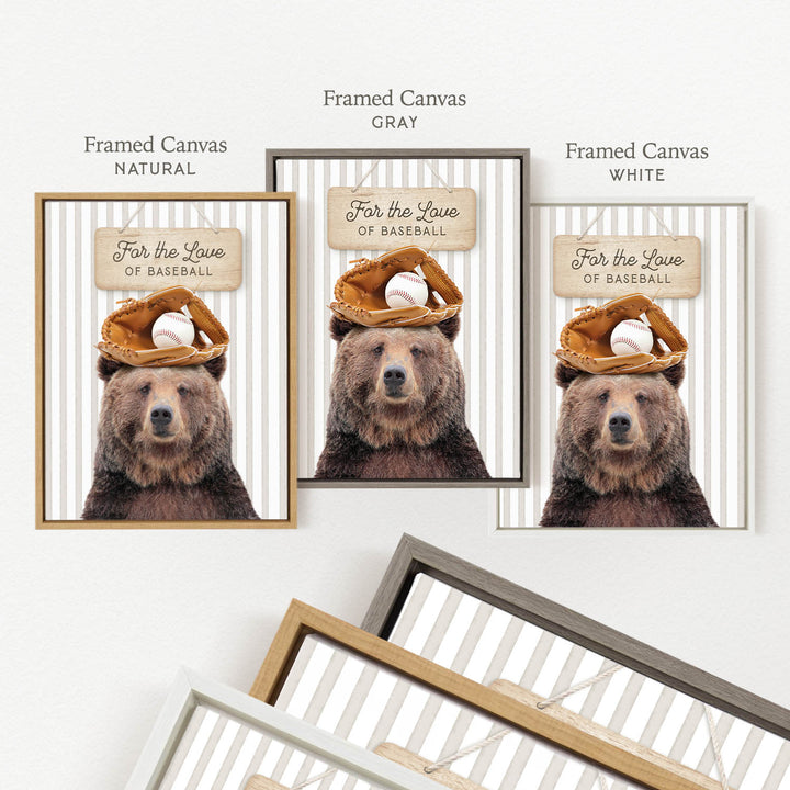 a framed canvas with a brown bear wearing a baseball hat and holding a baseball in its paw.