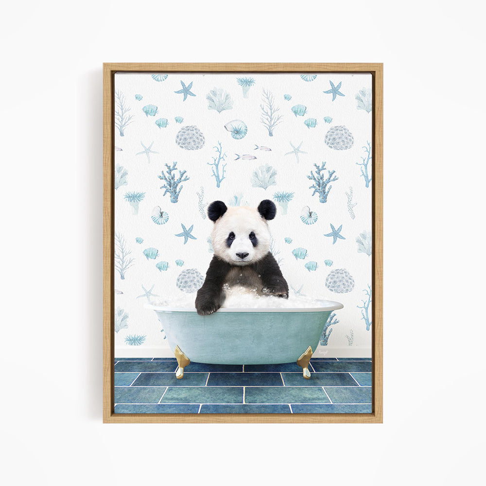 A panda bear sitting in a bathtub filled with bubbles, surrounded by a blue and white ocean-themed wallpaper.