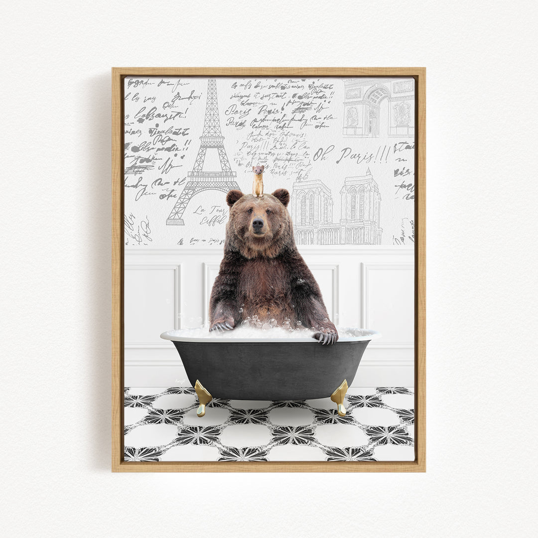 A brown bear sitting in a bathtub filled with water, surrounded by a black and white tiled floor and a wall with various inscriptions and drawings.