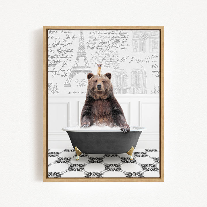 A brown bear sitting in a bathtub filled with water, surrounded by a black and white tiled floor and a wall with various inscriptions and drawings.
