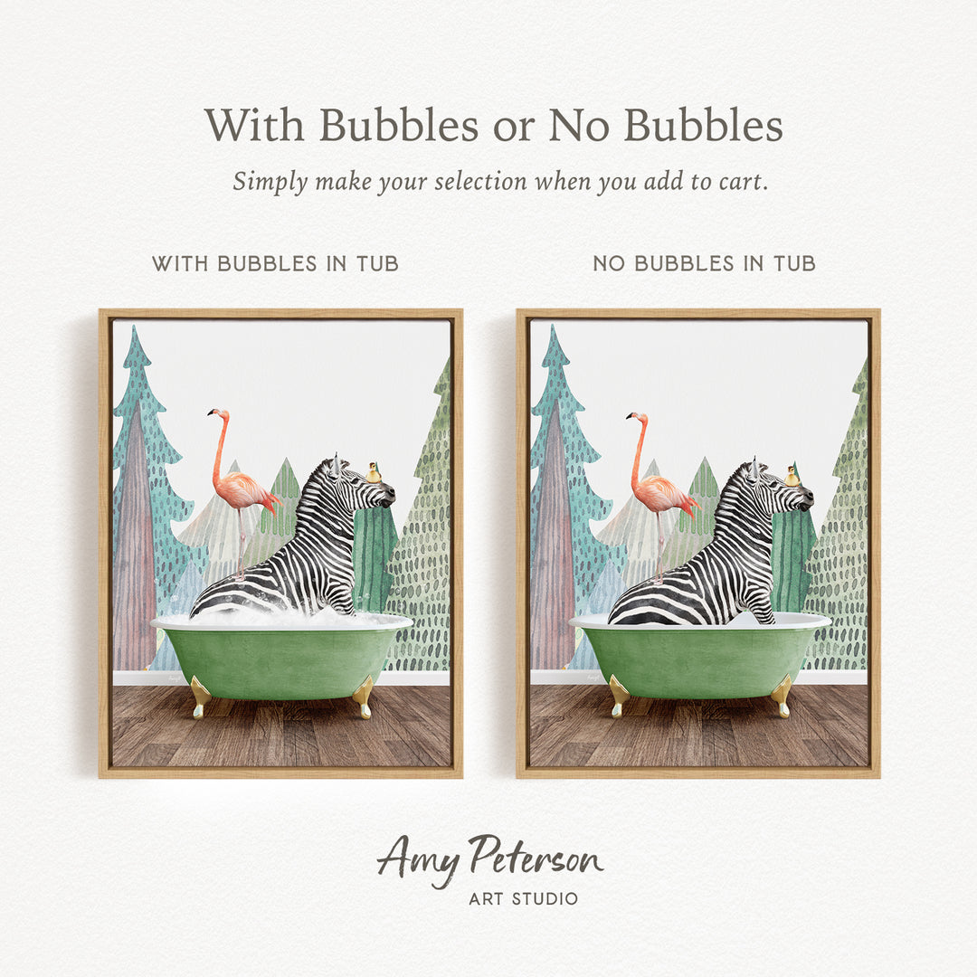 The image is a collage of two framed pictures, each depicting a zebra sitting in a green bathtub with bubbles and a flamingo sitting in a green bathtub without bubbles. The text above the images reads "With Bubbles or No Bubbles Simply make your selection when you add to cart."