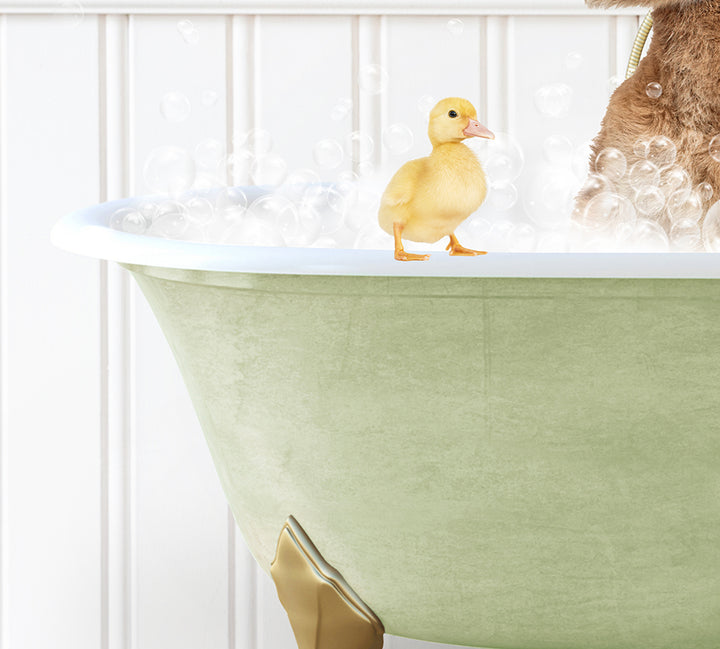 a teddy bear and a duck in a bathtub