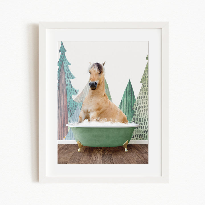 A light brown horse is sitting in a green bathtub, surrounded by a forest-themed background with trees and a snowy landscape.