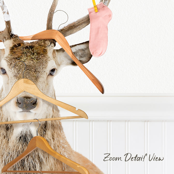 A deer head wearing a pink sock and holding a wooden hanger is shown in the image.