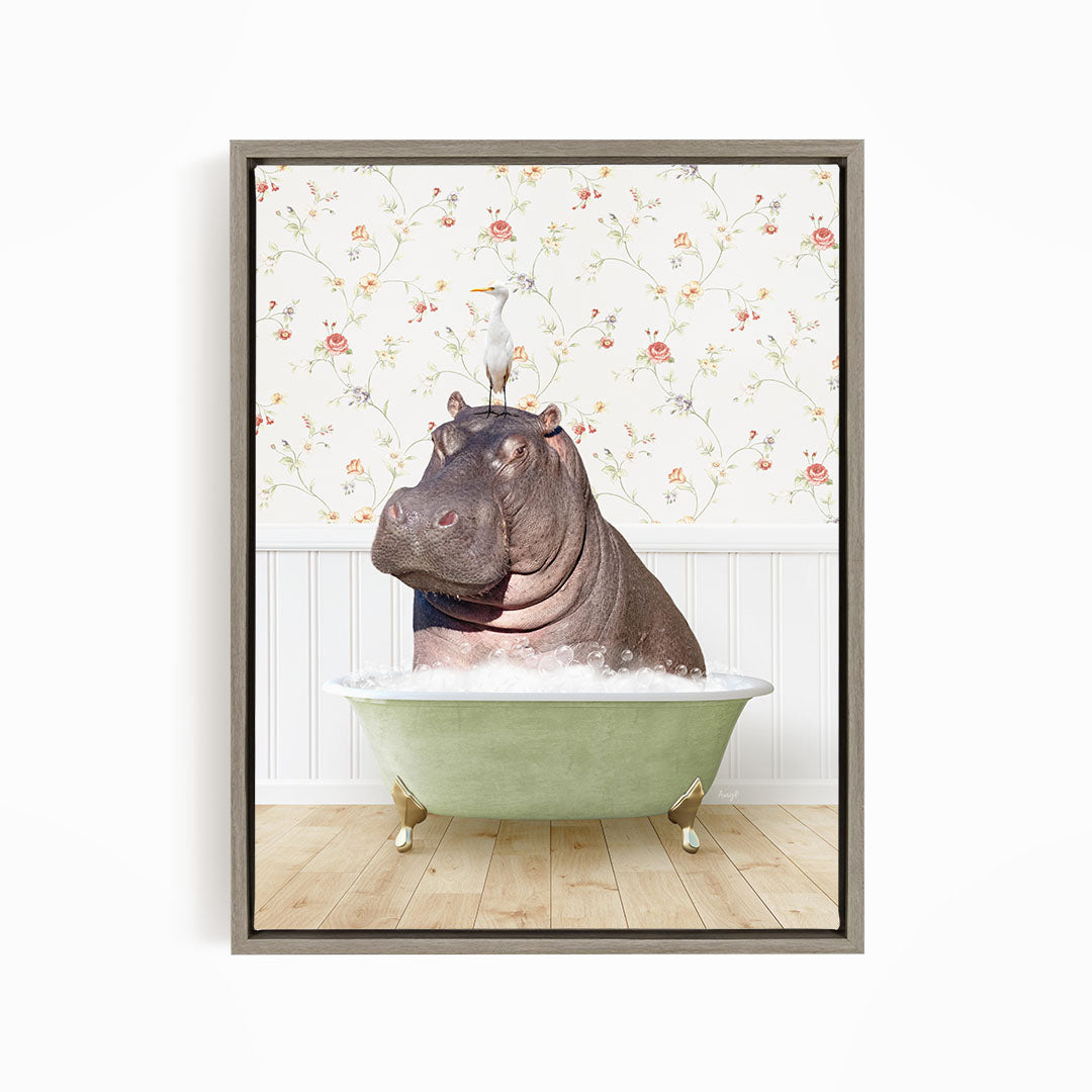 A hippopotamus sitting in a green bathtub, with a bird perched on its head.